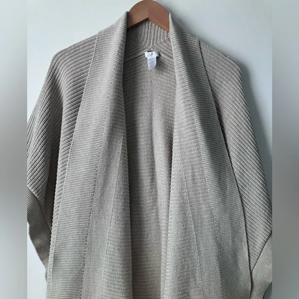 J Jill Ribbed Knit Sweater Shawl Wrap Boho Longline Ruana Beige - Picture 3 of 11